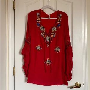 Embellished Red Summer Dress With Bell Sleeves